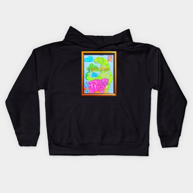 Rainbow Dinosaur Cat Coloring Book Collage Framed Art Touch Grass Y2K Design Kids Hoodie by TriangleWorship